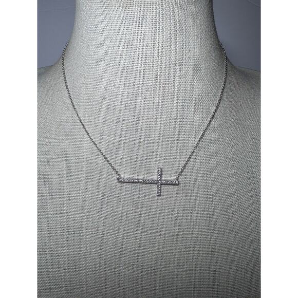 Sterling Silver 925 Cubic Zirconia CZ Sideways Cross Necklace - Picture 3 of 5